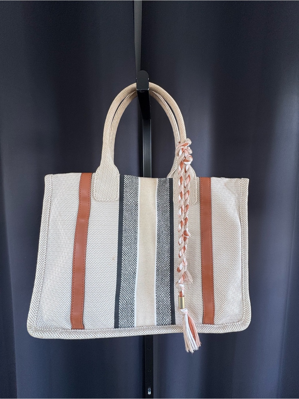 Vince Camuto Cream Canvas Tote with Brown Trim and Black Stripes